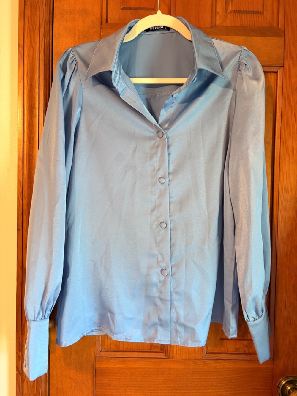 Classic Light Blue Satin Button-Down Blouse - Women's